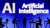 Se ven figuras con computadoras y teléfonos inteligentes frente a las palabras "Inteligencia artificial AI" en esta ilustración tomada el 19 de febrero de 2024.