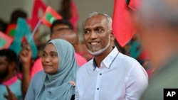 Maldives' main opposition candidate, now president-elect, Mohamed Muizzu participates in a rally as he concludes his campaign for the second round of presidential election in capital of Male, Sept.29, 2023. 