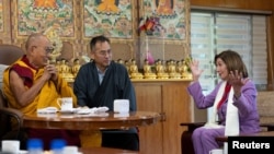 The Dalai Lama speaks with former US House Speaker Nancy Pelosi during their meeting at Dharamshala, Himachal Pradesh, India, June 19, 2024. (Tenzin Choejor/Office of His Holiness the Dalai Lama/Handout via Reuters)
