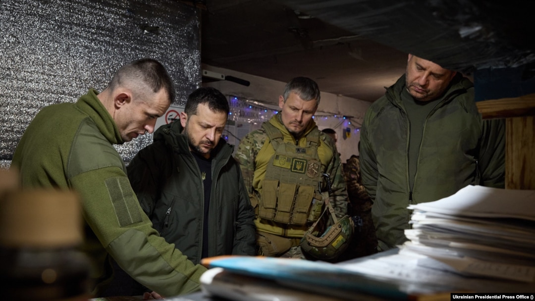 FILE — Ukrainian President Volodymyr Zelenskyy in Donetsk region of Ukraine, Dec. 29, 2023. Journalists are starting to question whether the United TV Marathon, which offers 24/7 coverage of the war in Ukraine, still offers value. Zelenskyy was recently asked about its relevancy.