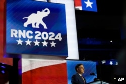 Speaker of the House Mike Johnson, R-La., speaks during the Republican National Convention in Milwaukee, July 15, 2024.