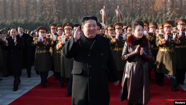 FILE - North Korean leader Kim Jong Un and his daughter Kim Ju Ae visit the Ministry of National Defense in Pyongyang, North Korea, in this picture released on Feb. 9, 2024 by the Korean Central News Agency.