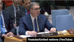 Predsednik Srbije Aleksandar Vučić tokom obraćanja na sednici Saveta bezbednosti UN o Kosovu (Foto: Youtube/United nations)