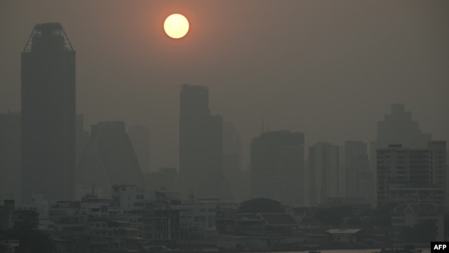 High air pollution levels cloud the Bangkok skyline on Feb. 15, 2024.