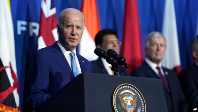 US President Joe Biden speaks at the Asia-Pacific Economic Cooperation summit, Nov. 16, 2023, in San Francisco.