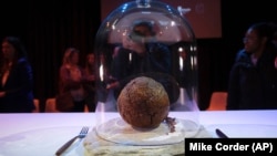 A meatball made using genetic code from a mammoth is seen at the Nemo science museum in Amsterdam, Tuesday March 28, 2023. (AP Photo/Mike Corder)