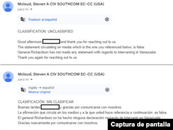 Captura de pantalla de correo electrónico recibido por el equipo de Comunicación del Comando Sur de EEUU (arriba en inglés original y abajo en español con traducción automática).