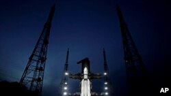 In this photo released by the Indian Space Research Organisation (ISRO), Indian spacecraft Chandrayaan-3, the word for “moon craft” in Sanskrit, stands in preparation for its launch in Sriharikota, India.