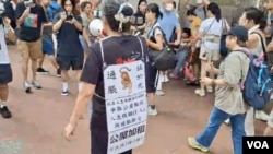 香港社運人士雷玉蓮7月1日，獨自一人由銅鑼灣崇光百貨遊行到政府總部抗議公屋加租。(美國之音照片)