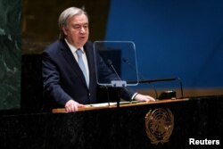 U.N. Secretary-General Antonio Guterres addresses delegates during a general assembly at United Nations Headquarters in New York City, March 29, 2023.