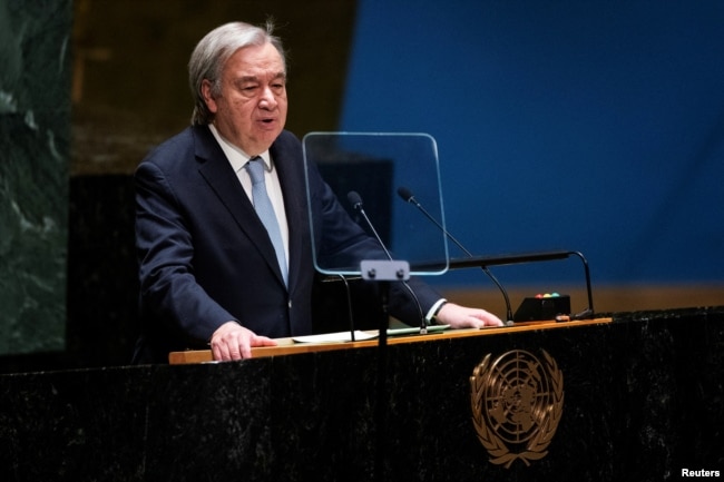 U.N. Secretary-General Antonio Guterres addresses delegates during a general assembly at United Nations Headquarters in New York City, March 29, 2023.