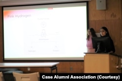 Molly Egan, in pink, was part of the Nu-H2 pitch team that discussed "pink" hydrogen. (Courtesy photo from Case Alumni Association)