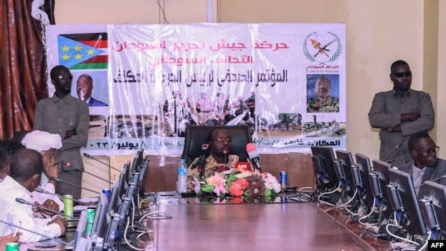 Abdul Latif Yahia Ishaq, head of the Sudan Liberation Movement, gives a press conference in Port Sudan, July 8, 2023.