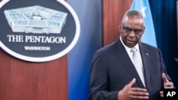 FILE - Defense Secretary Lloyd Austin speaks at a Pentagon press briefing at the Pentagon, Feb. 1, 2024.
