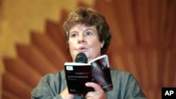 FILE - AS Byatt at the launch of a series of 'Pocket Canons,' excerpts from the Bible with controversial introductions, at St James' Church, London.