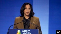FILE — U.S. Vice President Kamala Harris speaks during the Asia-Pacific Economic Cooperation conference, in San Francisco, Nov. 16, 2023. She will lead the U.S. delegation to the climate summit that starts Nov. 30, 2023, in the United Arab Emirates.
