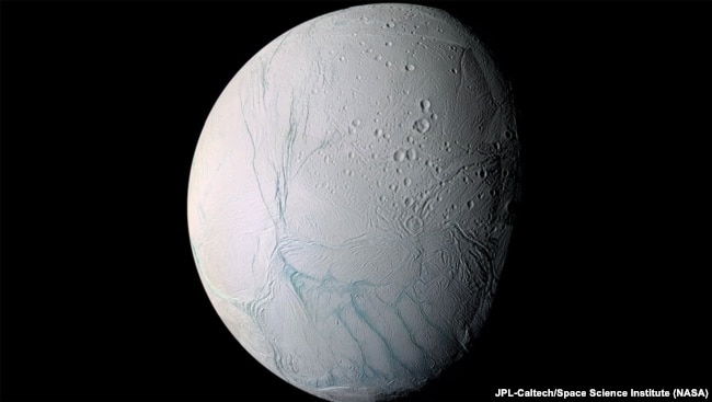 During a 2005 flyby, NASA’s Cassini spacecraft took high-resolution images of Enceladus that were combined into this mosaic. (Image Credit: Credits: NASA/JPL-Caltech/Space Science Institute)