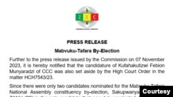 ZEC Statement on Mabvuku-Tafara by-elections