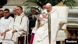 Pope Francis presides over the Chrism Mass in St. Peter's Basilica at the Vatican, Apr. 6, 2023. 