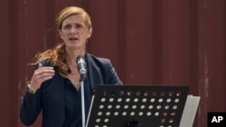 U.S. Agency for International Development Administrator Samantha Power speaks during a news conference at the Port of Odesa, in Odesa, Ukraine, July 18, 2023.