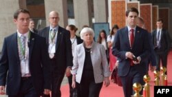 US Treasury Secretary Janet Yellen (C) arrives to attend the G20 Finance Ministers, Central Bank Governors (FMCBG) and Finance & Central Bank Deputies (FCBD) meetings, at the Mahatma Mandir in Gandhinagar on July 17, 2023.