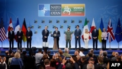 Alongside Zelenskyy, leaders of the Group of Seven wealthiest democracies announce a Joint Declaration of Support for Ukraine, at the end of the NATO summit in Vilnius, July 12, 2023.