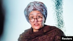FILE - U.N. Deputy Secretary-General Amina Mohammed speaks at the Oslo Energy Forum, in Oslo, Norway, Feb. 14, 2023. (NTB/Ole Berg-Rusten via Reuters)