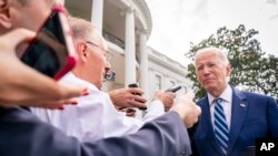 President Joe Biden speaks with reporters before boarding Marine One on the South Lawn of the White House in Washington, June 28, 2023, for a short trip to Andrews Air Force Base, Maryland., and then on to Chicago. 