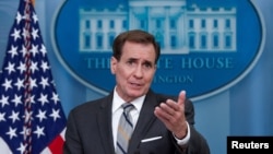 FILE- National Security Council Coordinator for Strategic Communications John Kirby speaks at the White House in Washington, June 23, 2023.