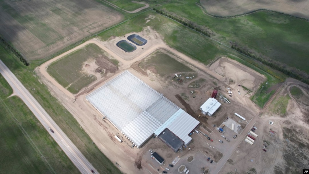 FILE - This aerial photo shows the first phase of the Mandan, Hidatsa and Arikara Nation's Native Green Grow greenhouse operation on May 15, 2024, near Parshall, ND.