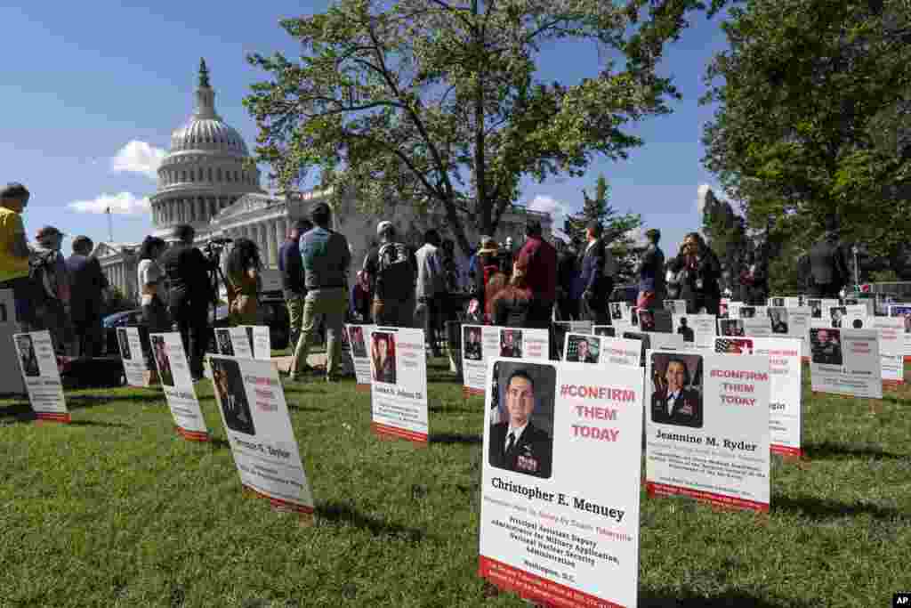 A display is seen on the Capitol grounds showing the members of the military whose promotions are being held up by Sen. Tommy Tuberville, R-Ala., in Washington. (AP Photo/J. Scott Applewhite)