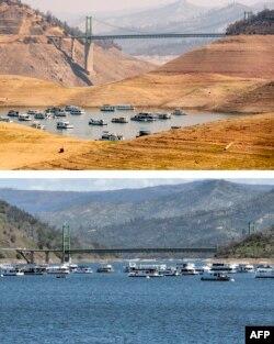 This combination photo created on April 17, 2023, shows boats parked on Lake Oroville near the Bidwell Bar Bridge in Oroville, California, on Sept. 5, 2021 (top) and on April 16, 2023 (below).