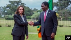 U.S. Vice President Kamala Harris is greeted by Zambian President Hakainde Hichilema in Lusaka, Zambia, March 31, 2023.