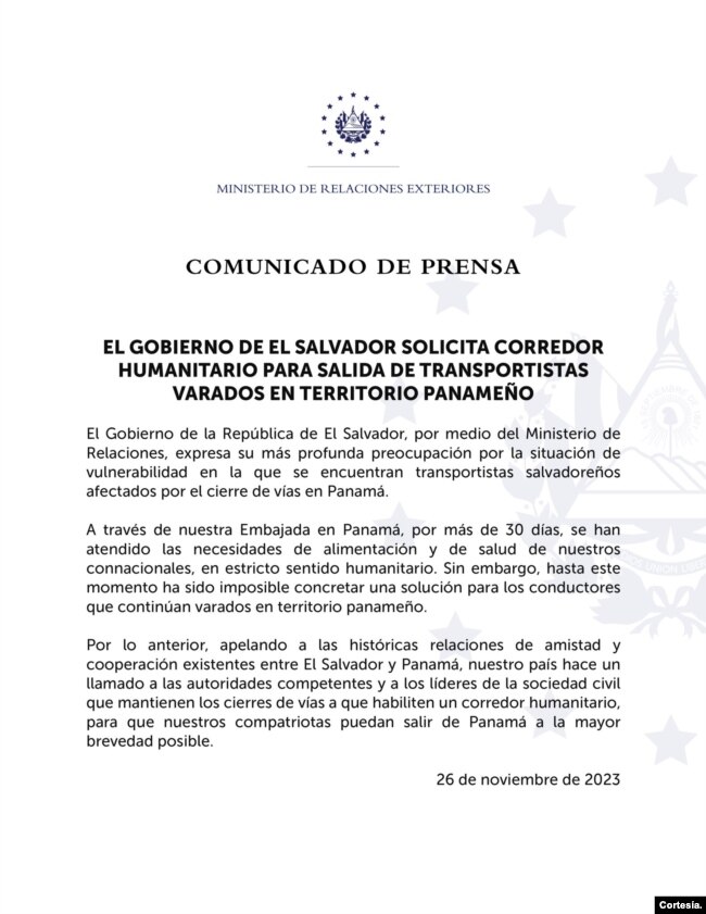Comunicado del gobierno de EL Salvador sobre transportistas salvadoreños varados en Panamá.