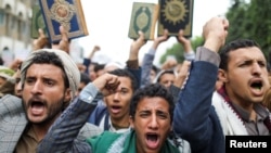 People demonstrate against the desecration of the Quran in Denmark, in Sanaa, Yemen, July 24, 2023. 