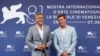 Cast members Brad Pitt and George Clooney pose during a photocall for the movie "The Wolfs" out of competition, at the 81st Venice Film Festival, Venice, Italy, Sept. 1, 2024. 