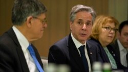 FILE - U.S. Secretary of State Antony Blinken, center, meets with former Israel Defense Forces chief Gadi Eisenkot and former Israeli Defense Minister Benny Gantz in Tel Aviv, Feb. 8, 2024. Blinken will return to the Middle East June 9 to push for acceptance of a cease-fire pact.