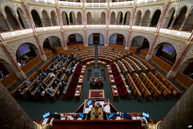 General view of the Hungarian parliament as Fidesz and KDNP stay away from the vote on the ratification of Sweden's NATO membership, in Budapest, Feb. 5, 202.