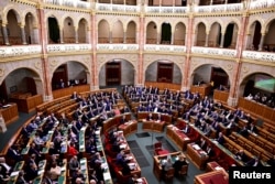 A general view of the Hungarian parliament as it votes for the ratification of Finland's NATO membership in Budapest, Hungary, March 27, 2023.