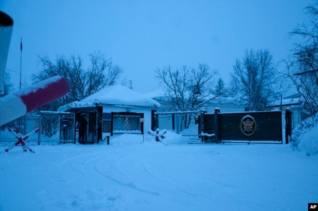 A view of the entrance of the prison colony in the town of Kharp, in the Yamalo-Nenetsk region about 1,900 kilometers northeast of Moscow, Russia, Tuesday, Jan. 23, 2024. (AP Photo, File)