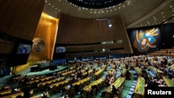 Ishmael Kalsakau, prime minister of Vanuatu, addresses delegates during a general assembly to vote on whether to ask top global court to issue opinion on climate responsibility at United Nations Headquarters in New York City, March 29, 2023.