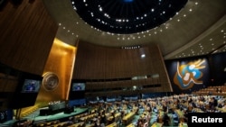 Ishmael Kalsakau, prime minister of Vanuatu, addresses delegates during a general assembly to vote on whether to ask top global court to issue opinion on climate responsibility at United Nations Headquarters in New York City, March 29, 2023.