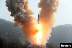 A view shows a missile fired by the North Korean military at an undisclosed location in this image released by North Korea's Central News Agency (KCNA) on March 20, 2023. (KCNA via Reuters)