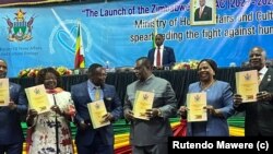 VP Mr. Constatine Chiwenga with some cabinet Ministers at the launch of the Zimbabwe Anti-Trafficking in person National Plan- 2023-2028