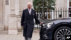 FILE — Britain's King Charles III leaves The London Clinic in London, Jan. 29, 2024, after visiting the hospital to receive treatment for an enlarged prostate. On Monday, Feb. 5, Buckingham Palace announced the king had started treatment for an undisclosed form of cancer.
