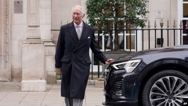 FILE — Britain's King Charles III leaves The London Clinic in London, Jan. 29, 2024, after visiting the hospital to receive treatment for an enlarged prostate. On Monday, Feb. 5, Buckingham Palace announced the king had started treatment for an undisclosed form of cancer.</p> <p>