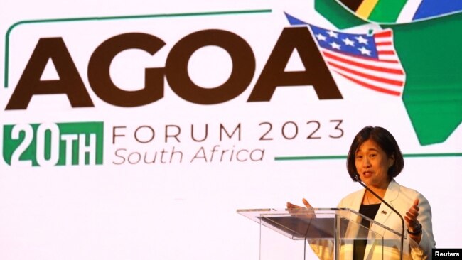 U.S. Trade Representative Ambassador Katherine Tai speaks during the U.S.-sub-Saharan Africa trade forum to discuss the future of the African Growth and Opportunity Act at the NASREC conference center in Johannesburg, South Africa, Nov. 3, 2023