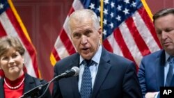 U.S. Senator Thom Tillis, co-chair of the Senate NATO Observer Group, speaks during a press conference in Budapest, Hungary, Feb. 18, 2024.