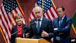 Senator Thom Tillis, co-chair of the Senate NATO Observer Group speaks, during a press conference, in Budapest, Feb. 18, 2024. 