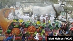 FILE - Boeuf Gras is one of the final floats of Mardi Gras, shown here in 2011. The paper-mache "cow" comes from a French tradition in which a live cow was paraded through the streets before it was slaughtered as the last meal of meat before Lent.